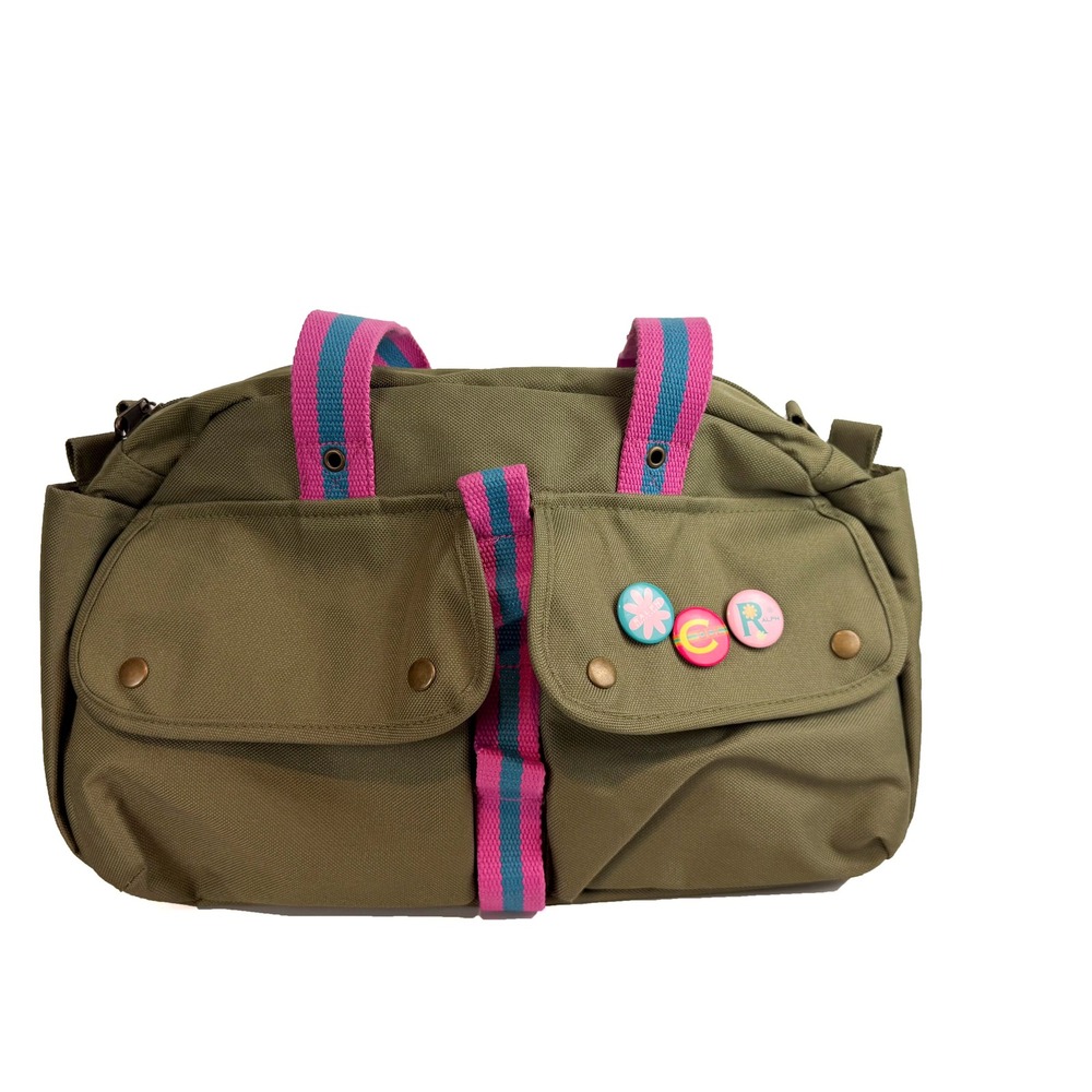 Ralph Lauren Olive Green Canvas Duffle Bag Pink Blue Straps Y2K Pins